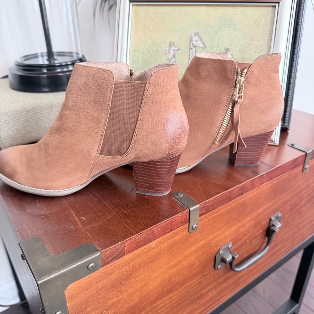 Vionic Tan Suede Ankle Booties with Block Heel